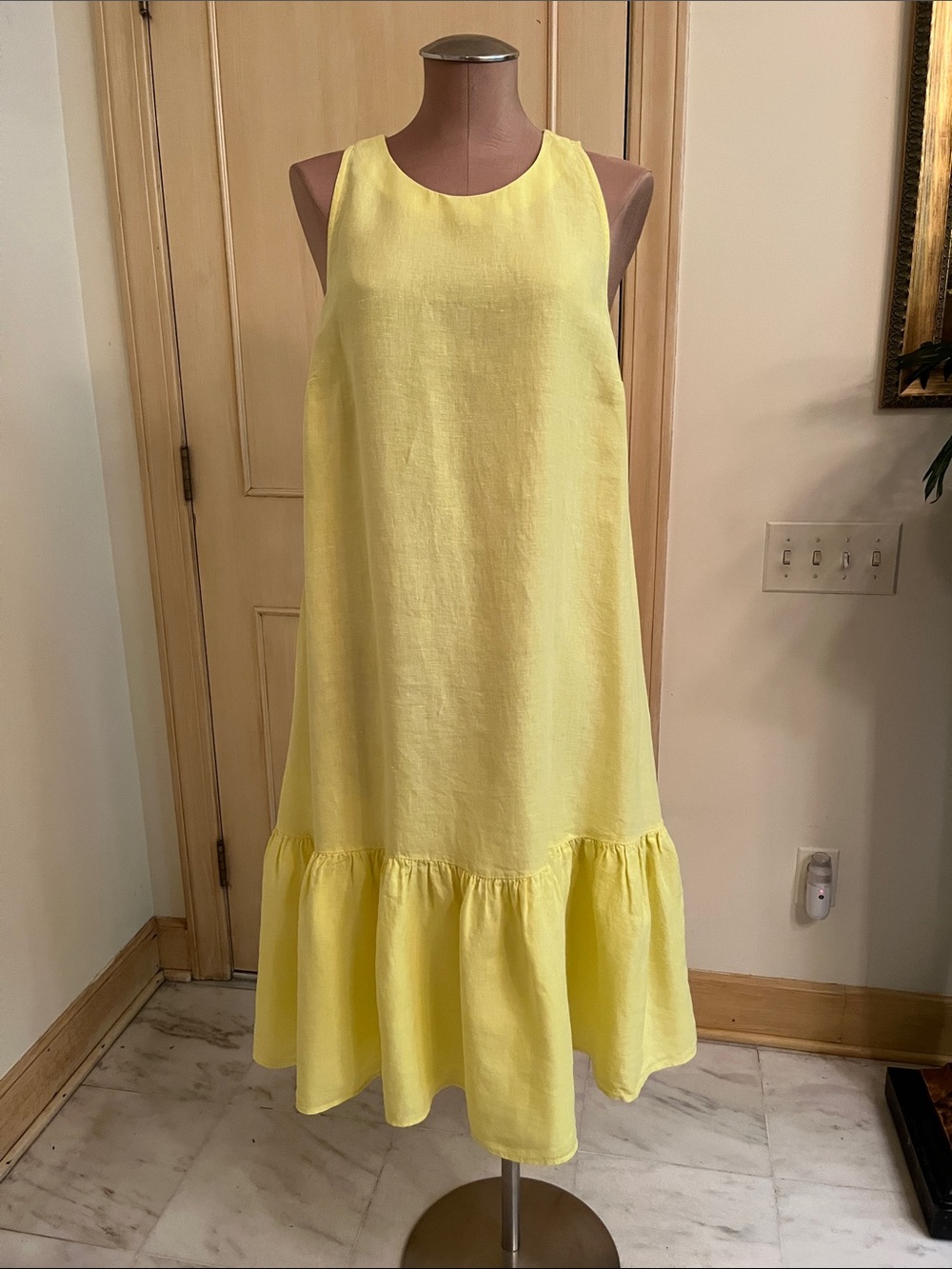 120% LINO Quiet Luxury Lagenlook 100% Linen Slvless Yellow Tiered Hem Midi M